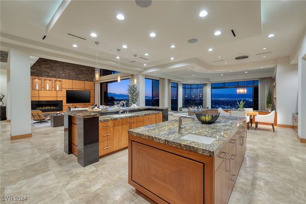 Dining room, Fireplace, Interior, Kitchen, Living room, Pendant Lights, Recessed Lighting