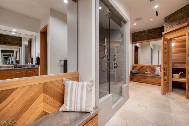 Bathroom, Glass Shower, Interior, Recessed Lighting, Sauna Room