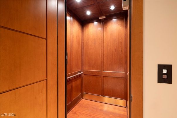 Elevator, Interior, Recessed Lighting, Wooden Ceilings, Wood Texture Flooring, Wooden Walls