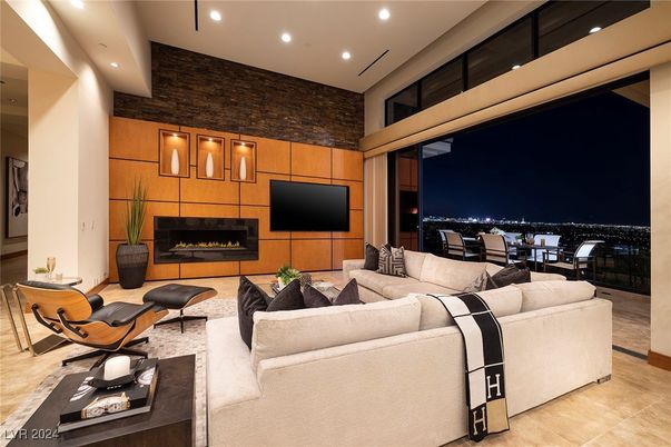 Fireplace, Interior, Living room, Recessed Lighting, Stone Walls, Wooden Walls