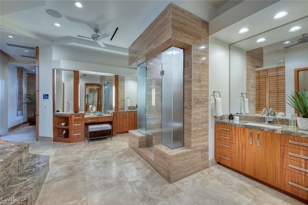 Bathroom, Dual Sink Vanities, Glass Shower, Interior, Recessed Lighting