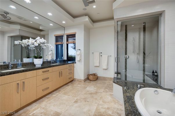 Bathroom, Dual Sink Vanities, Glass Shower, Interior, Recessed Lighting