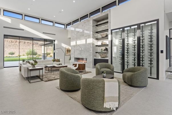 Fireplace, Interior, Living room, Marble Walls, Recessed Lighting, Wine Storage