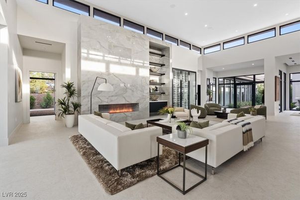 Fireplace, Interior, Living room, Marble Walls, Recessed Lighting