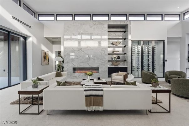 Fireplace, Interior, Living room, Marble Walls, Recessed Lighting