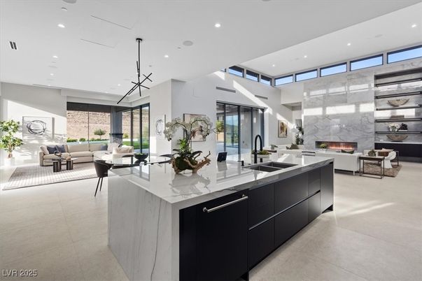 Fireplace, Interior, Kitchen, Living room, Pendant Lights, Recessed Lighting