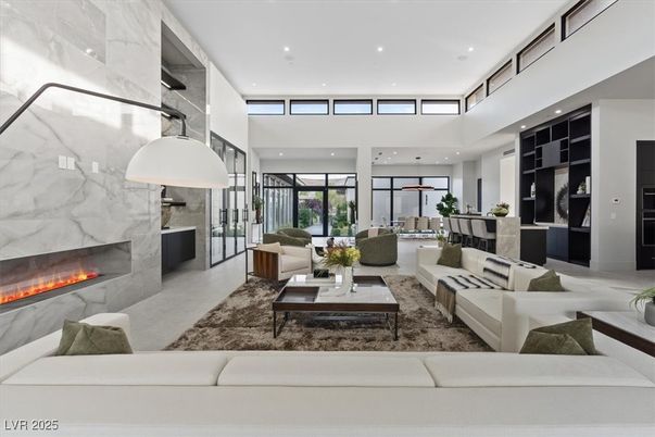 Dining room, Fireplace, Interior, Living room, Marble Walls, Pendant Lights, Recessed Lighting