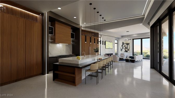 Interior, Kitchen, Living room, Marble Walls, Pendant Lights, Recessed Lighting