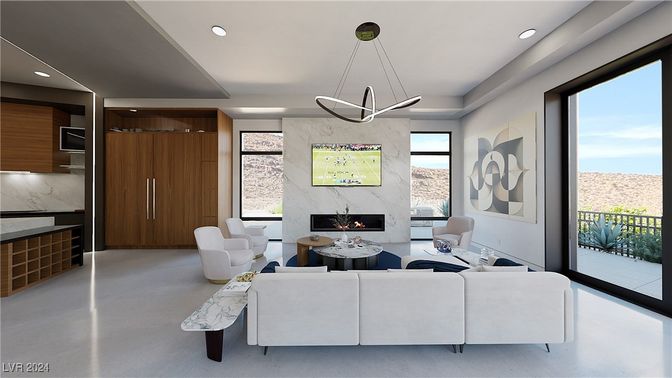 Fireplace, Interior, Living room, Marble Walls, Pendant Lights, Recessed Lighting