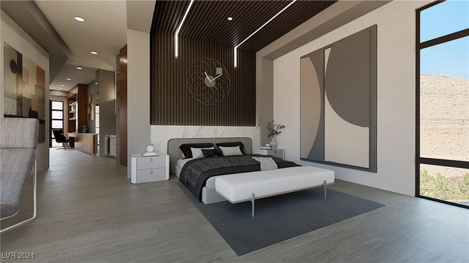 Bedroom, Interior, Recessed Lighting, Wood Texture Flooring