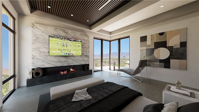 Fireplace, Interior, Living room, Marble Walls, Recessed Lighting, Wood Texture Flooring