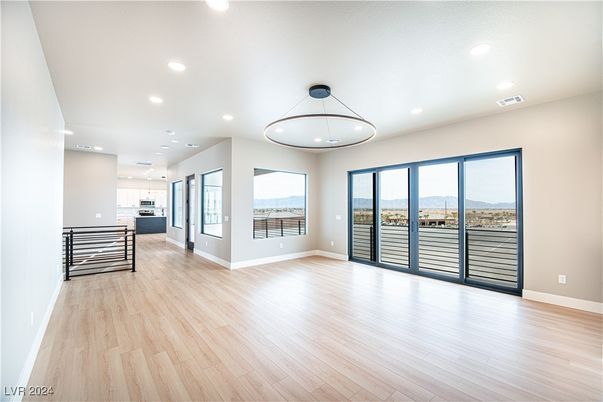 Empty room, Interior, Kitchen, Pendant Lights, Recessed Lighting, Wood Texture Flooring