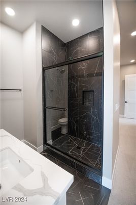 Bathroom, Glass Shower, Interior, Marble, Marble Walls, Recessed Lighting