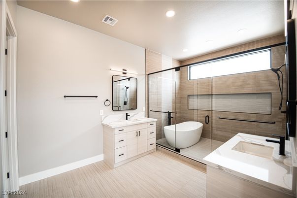 Bathroom, Dual Sink Vanities, Free Standing Baths, Glass Shower, Interior, Recessed Lighting