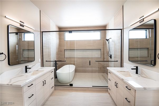 Bathroom, Dual Sink Vanities, Free Standing Baths, Glass Shower, Interior