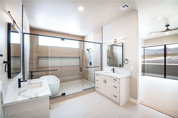 Bathroom, Dual Sink Vanities, Glass Shower, Interior, Recessed Lighting
