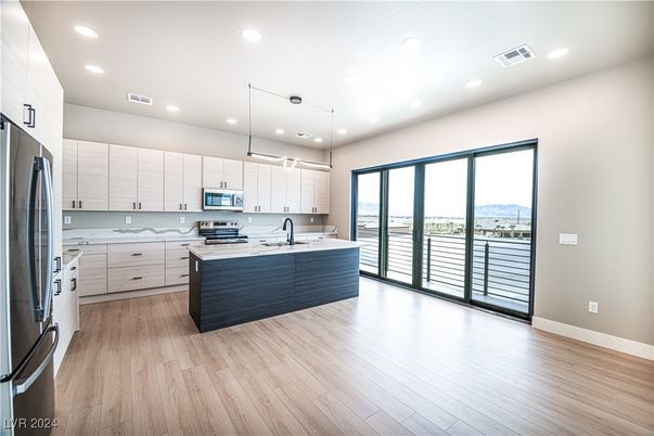 Interior, Kitchen, Pendant Lights, Recessed Lighting, Stainless Steel Appliances, Wood Texture Flooring