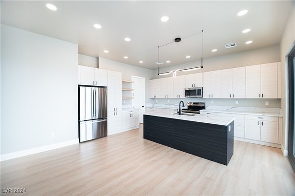Interior, Kitchen, Pendant Lights, Recessed Lighting, Stainless Steel Appliances, Wood Texture Flooring
