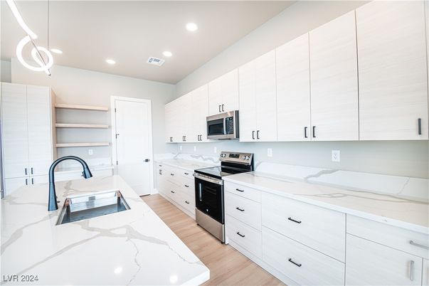 Interior, Kitchen, Pendant Lights, Recessed Lighting, Stainless Steel Appliances, Wood Texture Flooring