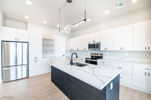 Interior, Kitchen, Pendant Lights, Recessed Lighting, Stainless Steel Appliances, Wood Texture Flooring