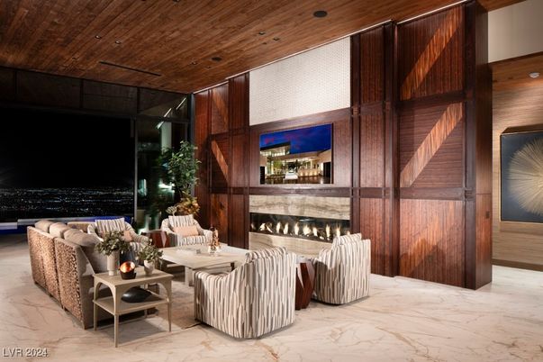 Fireplace, Interior, Living room, Marble, Recessed Lighting, Wooden Ceilings, Wooden Walls