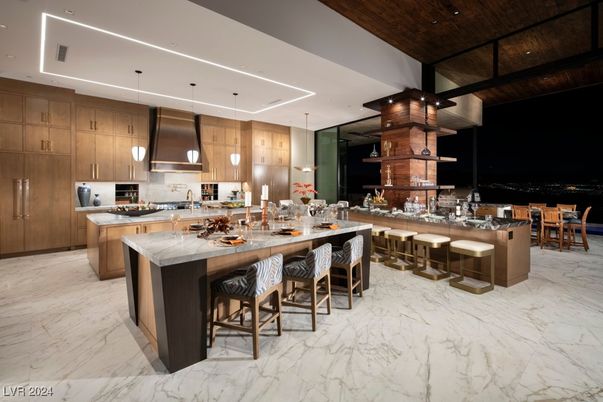 Interior, Kitchen, Marble, Pendant Lights, Recessed Lighting, Stainless Steel Appliances