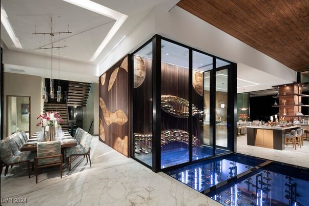 Dining room, Interior, Marble, Pendant Lights, Wooden Ceilings