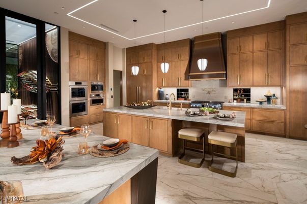 Interior, Kitchen, Marble, Pendant Lights, Recessed Lighting, Stainless Steel Appliances