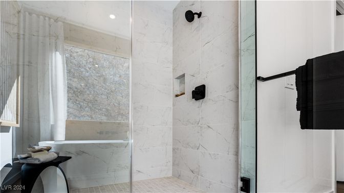 Bathroom, Glass Shower, Interior, Marble Walls, Recessed Lighting