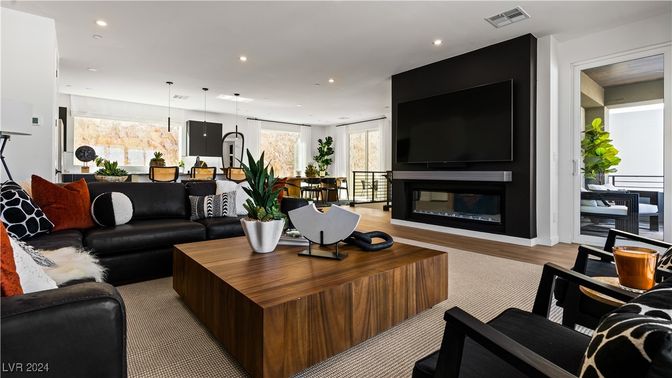 Dining room, Fireplace, Interior, Kitchen, Living room, Pendant Lights, Recessed Lighting, Wood Texture Flooring