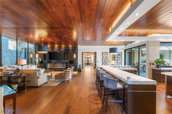 Fireplace, Interior, Kitchen, Living room, Pendant Lights, Recessed Lighting, Wooden Ceilings, Wood Texture Flooring