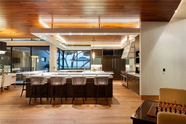Interior, Kitchen, Pendant Lights, Recessed Lighting, Stainless Steel Appliances, Wooden Ceilings, Wood Texture Flooring