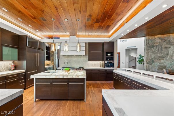 Interior, Kitchen, Pendant Lights, Recessed Lighting, Stainless Steel Appliances, Wooden Ceilings, Wood Texture Flooring