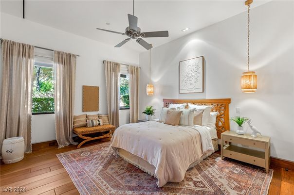 Bedroom, Interior, Pendant Lights, Recessed Lighting, Wood Texture Flooring