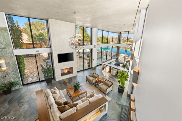 Chandelier, Fireplace, Interior, Living room, Recessed Lighting, Wood Texture Flooring