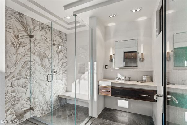 Bathroom, Glass Shower, Interior, Marble Walls, Recessed Lighting