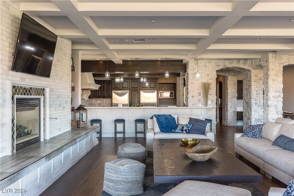 Fireplace, Interior, Kitchen, Living room, Pendant Lights, Recessed Lighting, Stone Walls, Wood Texture Flooring