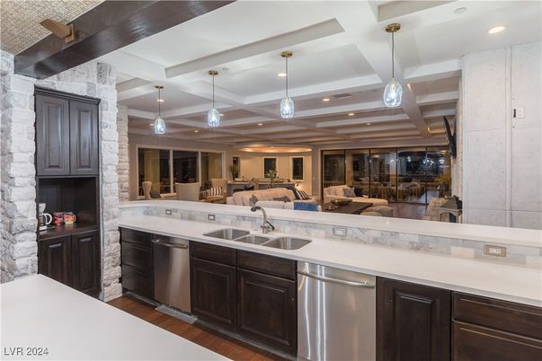 Interior, Kitchen, Pendant Lights, Recessed Lighting, Stainless Steel Appliances, Stone Walls, Wood Texture Flooring