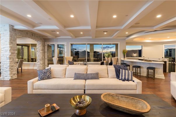 Interior, Kitchen, Living room, Recessed Lighting, Stone Walls, Wood Texture Flooring