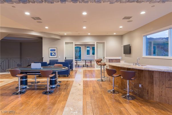 Dining room, Interior, Recessed Lighting, Wood Texture Flooring