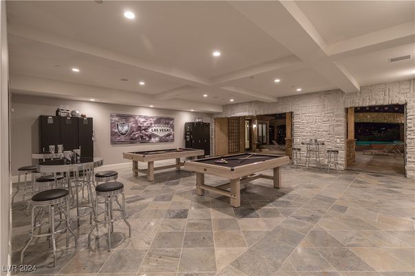 Billiard Table, Game Room, Interior, Recessed Lighting, Stone Walls