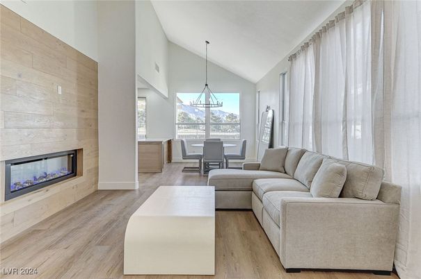 Dining room, Fireplace, Interior, Living room, Pendant Lights, Wood Texture Flooring, Wooden Walls