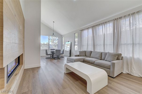 Dining room, Fireplace, Interior, Living room, Pendant Lights, Wood Texture Flooring