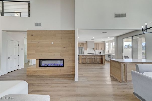 Fireplace, Interior, Kitchen, Pendant Lights, Recessed Lighting, Wood Texture Flooring, Wooden Walls