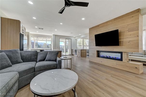 Fireplace, Interior, Living room, Recessed Lighting, Wood Texture Flooring, Wooden Walls