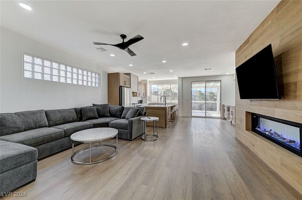 Fireplace, Interior, Kitchen, Living room, Recessed Lighting, Wood Texture Flooring