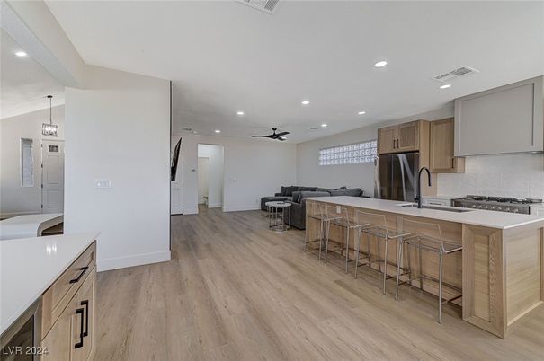 Interior, Kitchen, Pendant Lights, Recessed Lighting, Stainless Steel Appliances, Wood Texture Flooring