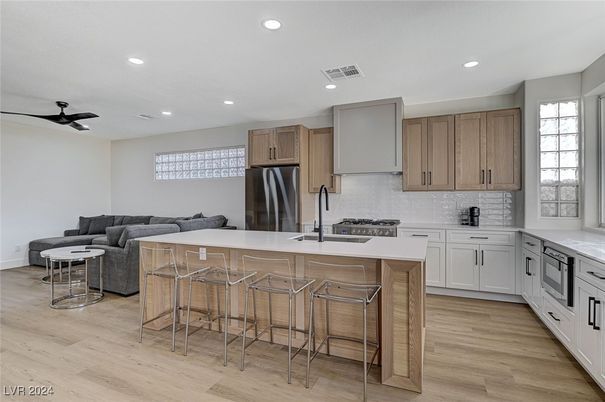 Interior, Kitchen, Living room, Recessed Lighting, Stainless Steel Appliances, Wood Texture Flooring