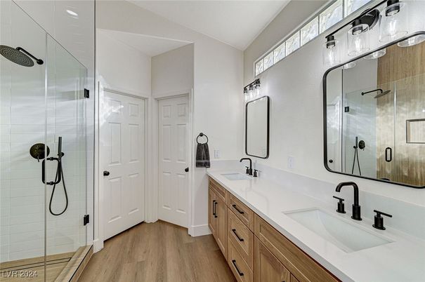 Bathroom, Dual Sink Vanities, Glass Shower, Interior, Wood Texture Flooring