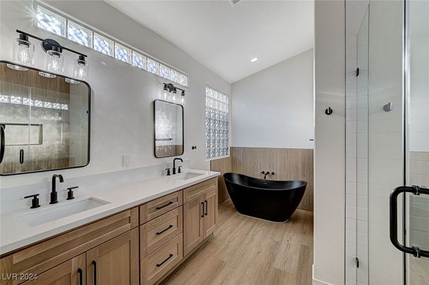 Bathroom, Dual Sink Vanities, Interior, Recessed Lighting, Wood Texture Flooring